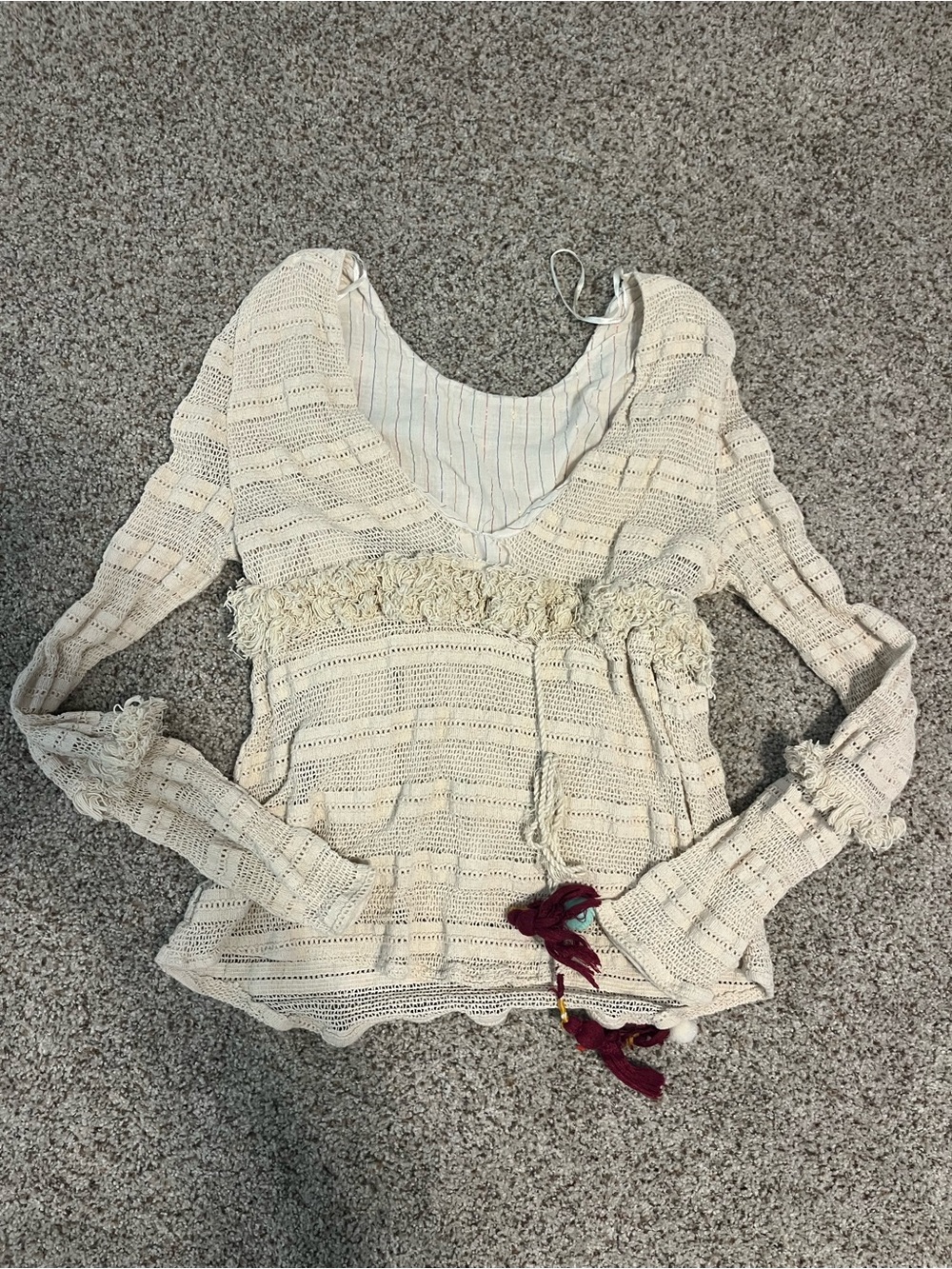 Zara Cream Crochet Peasant Blouse with Tassel Detail